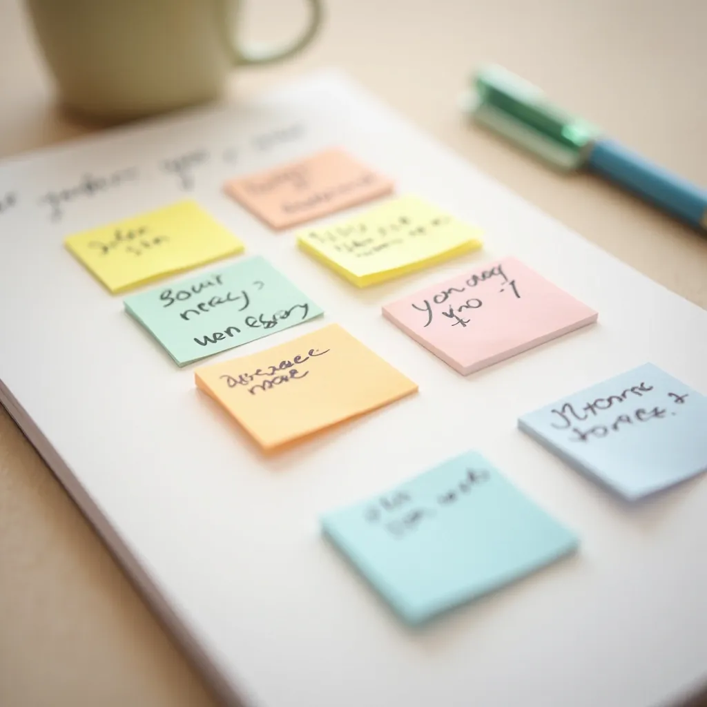 Close-up of pastel sticky notes with handwritten notes showing practical usage with different colors for organization and planning