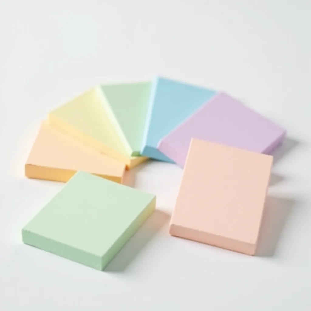 Colorful sticky notes in five pastel colors displayed on white background with mint, peach, lavender, yellow, and pink tones