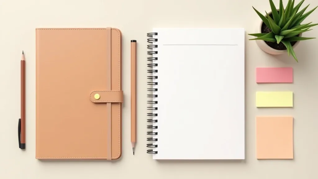 Carefully arranged collection of premium stationery including leather notebook, planner pad, and mechanical pencils on neutral background