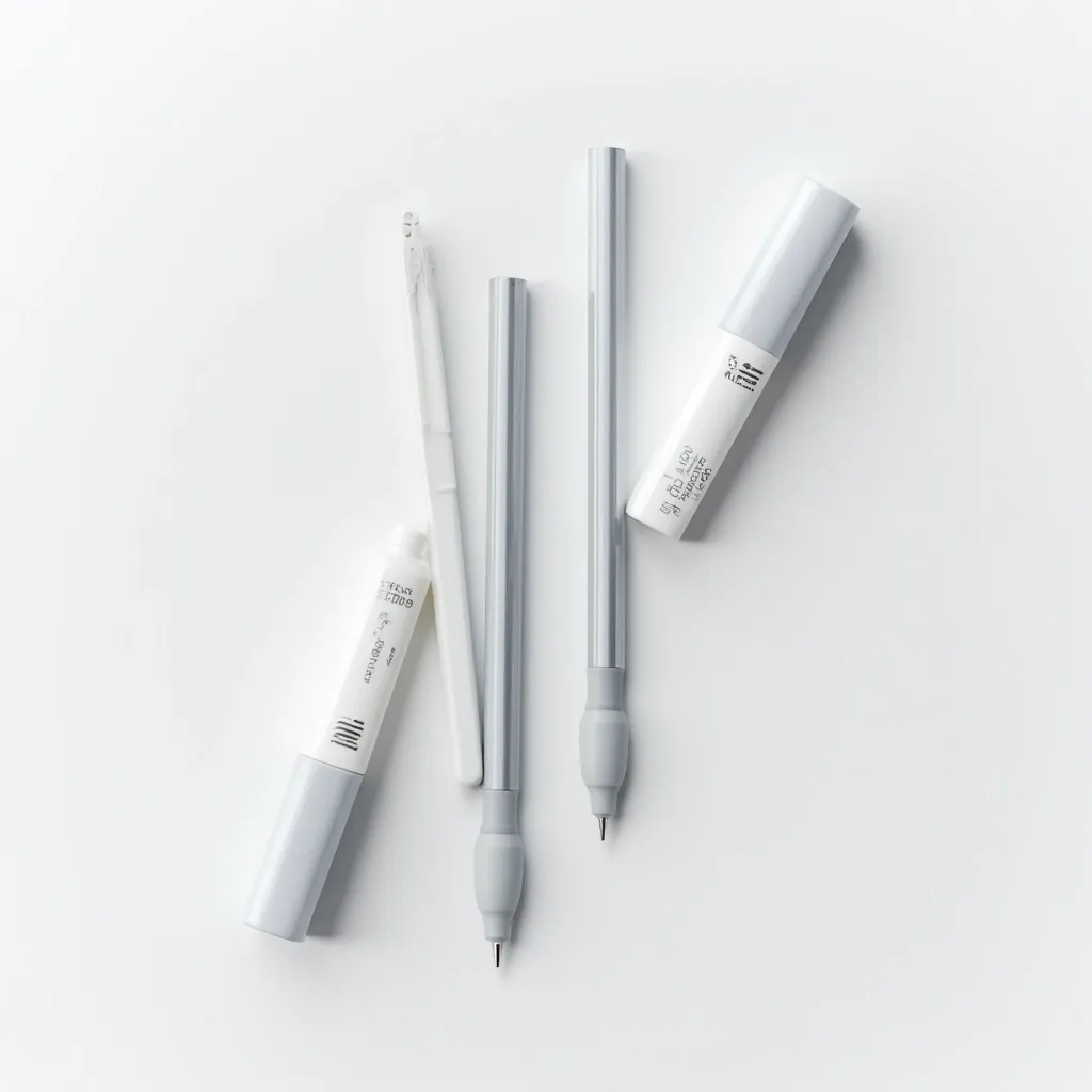 Flat lay arrangement of mechanical pencil set showing both pencils with metal barrels, rubberized grips, and tube of HB leads on light surface