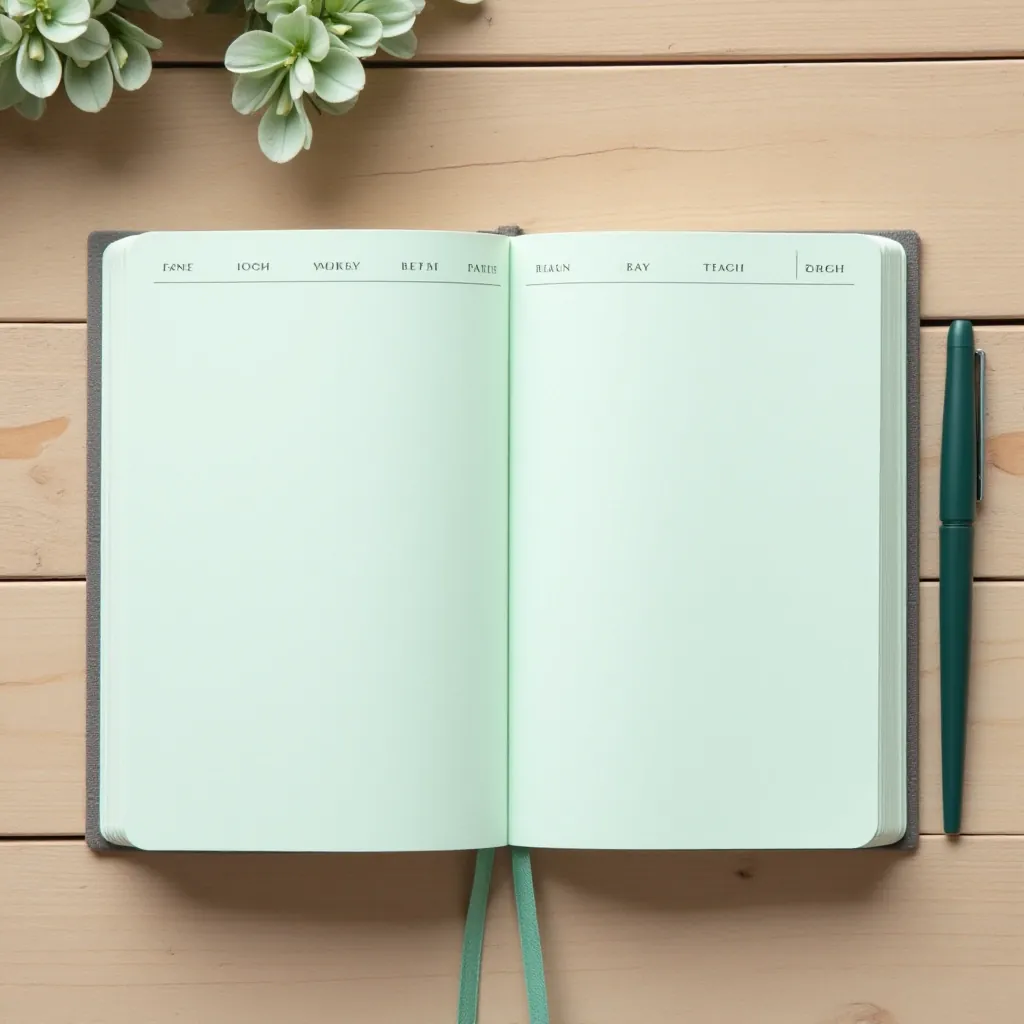 Open weekly planner pad showing detailed weekly layout with time slots and task checkboxes