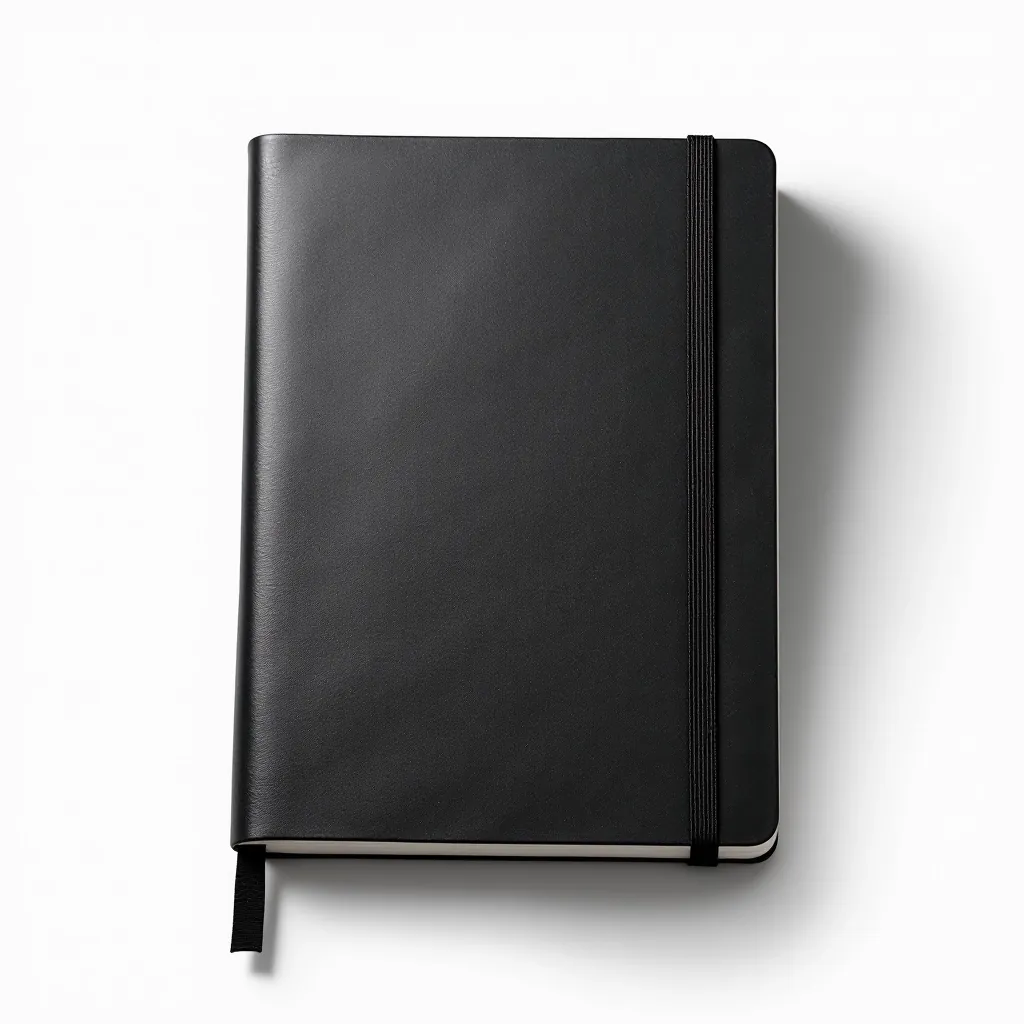 Premium black leather-bound A5 notebook with bookmark ribbon displayed on white background