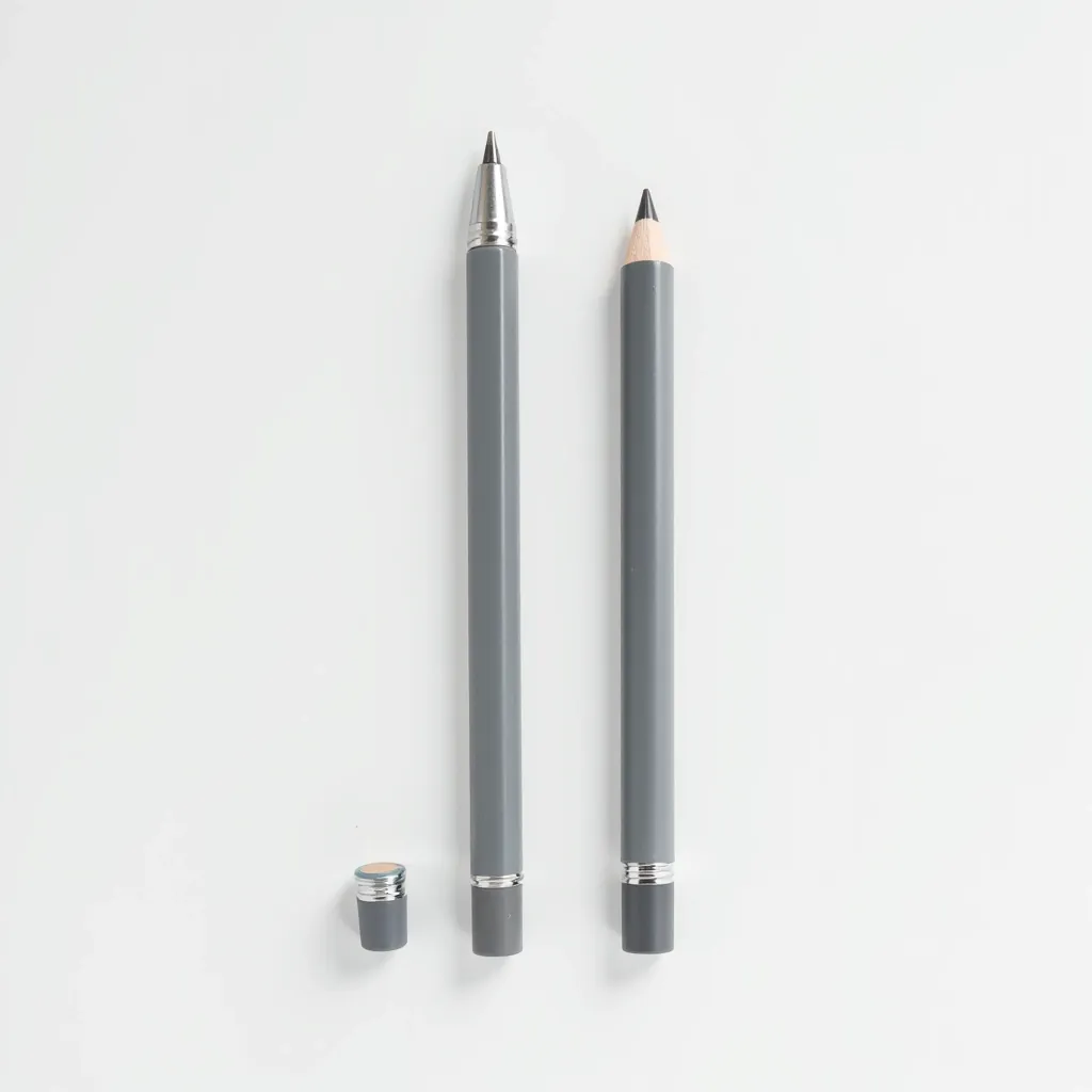 Two mechanical pencils with grey rubberized grips and metal barrel displayed with tube of HB leads on white background